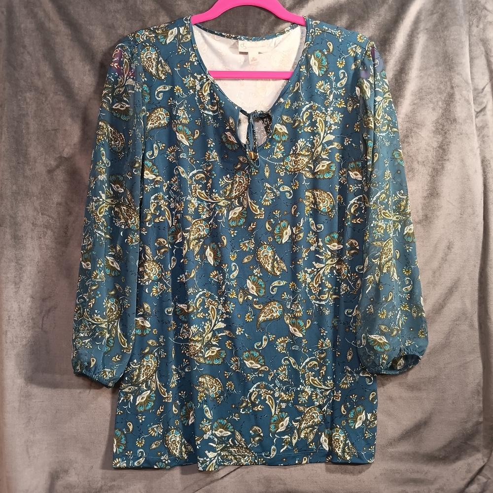 DB Floral Print Women's Top - Blue With Sheer Sleeves